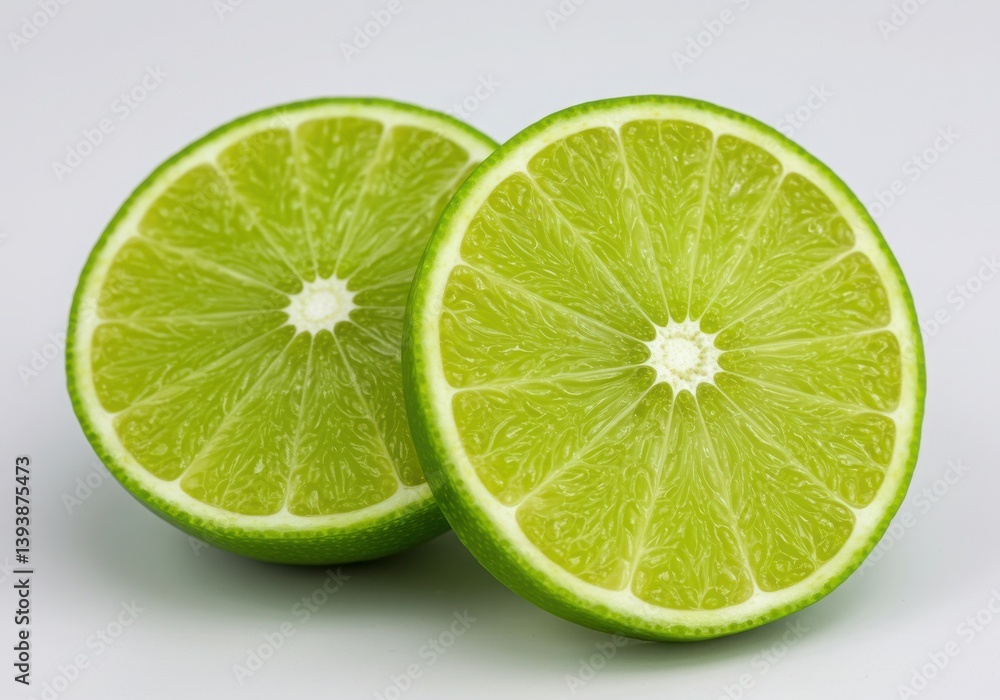 Two lime halves showing the juicy interior on a plain white background close up studio shot view Two lime halves showing the juicy interior on a plain white background close up studio shot view