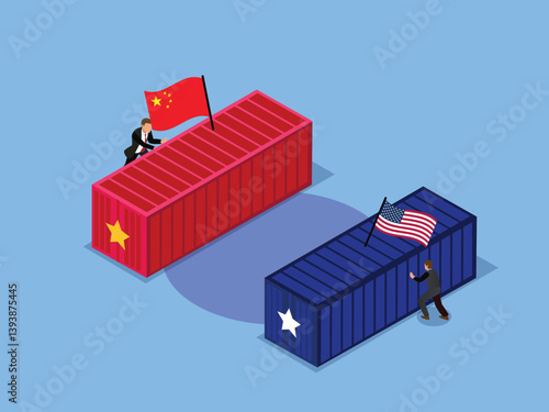 Isometric vector illustration depicting the US-China trade dynamics