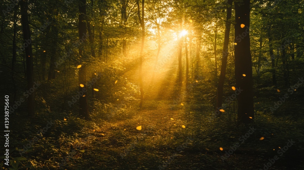 Obraz premium Sunlight Shining Through Trees in Forest with Floating Leaves