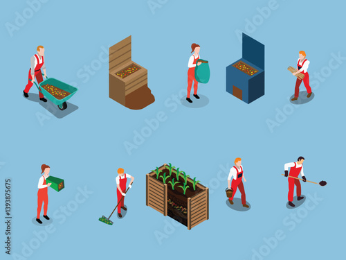 composting and gardening scene with people working on various stages