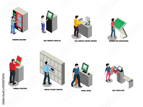 arious self-service machines and stations with people interacting
