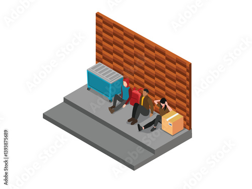 Isometric vector illustration depicting urban poverty and social issues