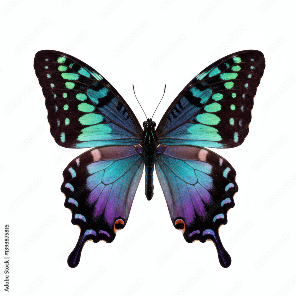 Vibrant iridescent butterfly with teal and purple wings isolated on white background Vibrant iridescent butterfly with teal and purple wings isolated on white background