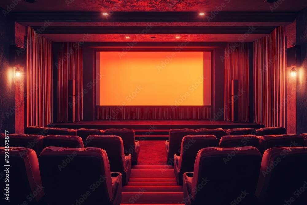 Fototapeta premium A movie theater with red curtains and a large screen