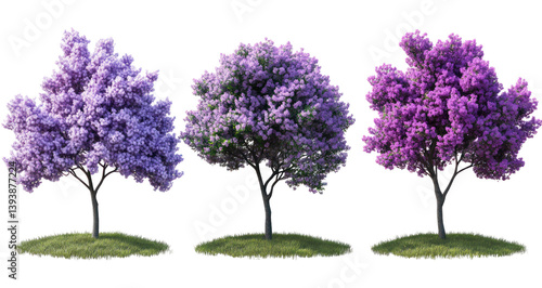 Three vibrant trees with purple blossoms stand on green grass, showcasing seasonal beauty in a serene outdoor setting