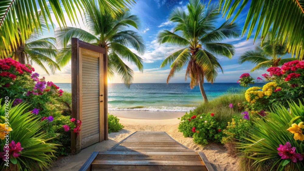 Fototapeta premium Open Door to Paradise Tropical Beach Getaway at Sunset with Lush Flora and Wooden Walkway