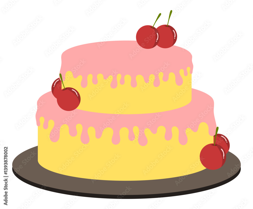 Strawberry and vanilla cake with icing decorations and cherries Strawberry and vanilla cake with icing decorations and cherries