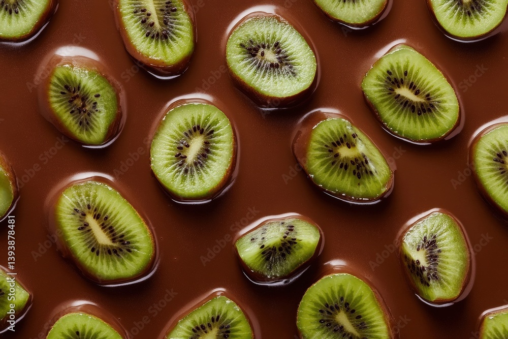 Fototapeta premium Green kiwi slices swimming in a pool of rich melted chocolate