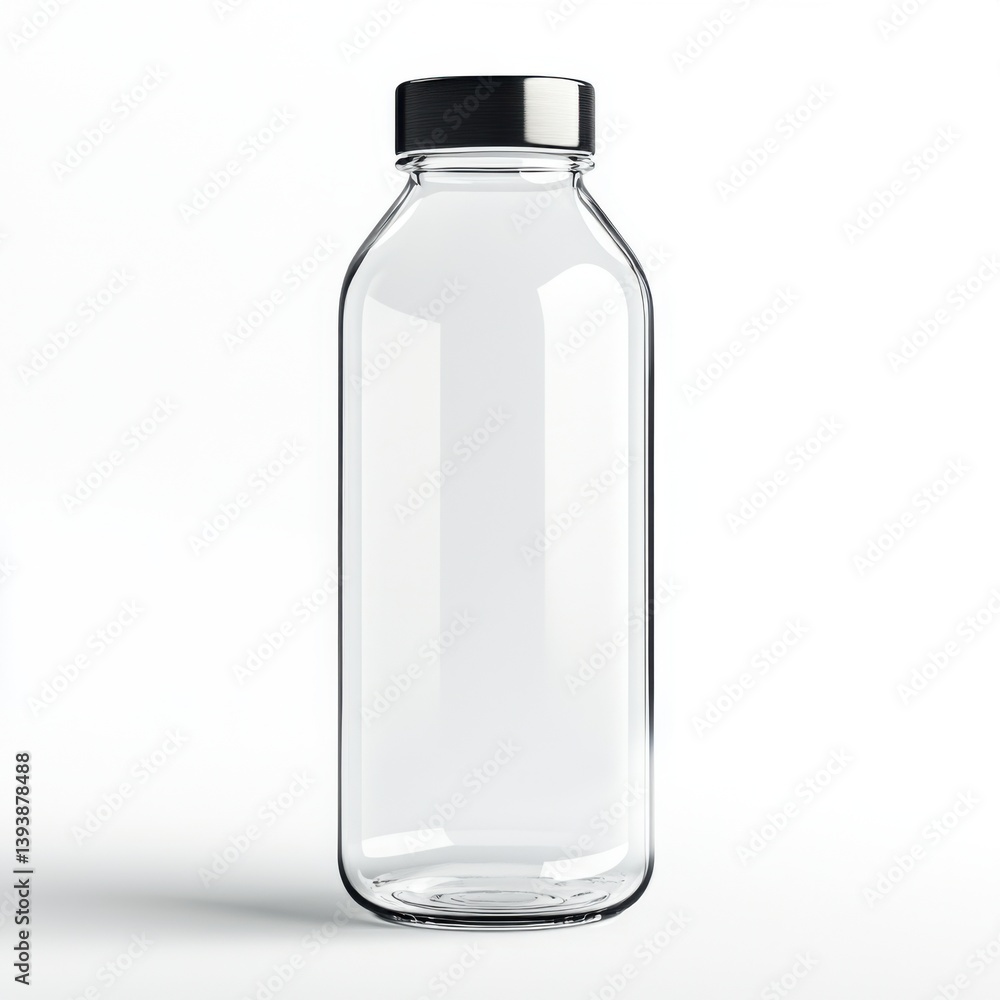 A clear glass bottle with a black cap, showcasing a minimalist design and empty interior, perfect for beverages or storage. A clear glass bottle with a black cap, showcasing a minimalist design and empty interior, perfect for beverages or storage.