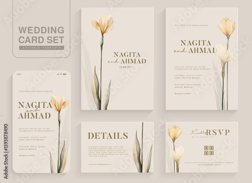 Set of Aesthetic Wedding Invitation Template with Brown Iris Floral Watercolor