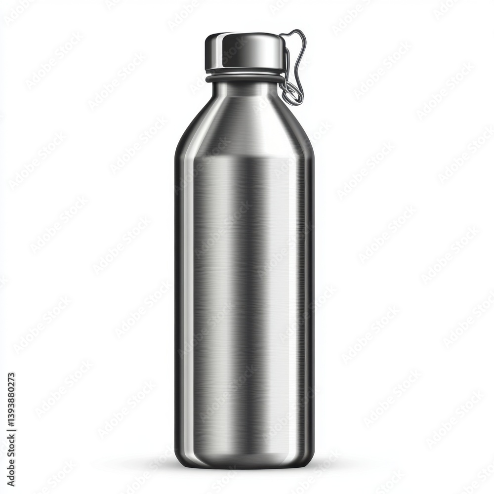 A sleek, stainless steel water bottle with a metal cap and a hook, ideal for hydration on the go. A sleek, stainless steel water bottle with a metal cap and a hook, ideal for hydration on the go.