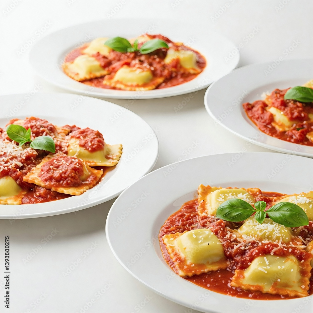 Ravioli with tomato sauce and parmesan on white background Ravioli with tomato sauce and parmesan on white background