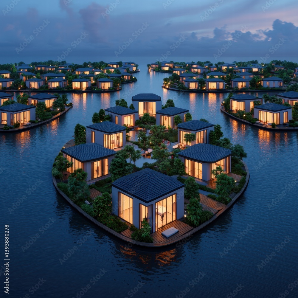 Fototapeta premium A stunning aerial view of modern floating houses surrounded by water, showcasing lush greenery and tranquil lighting at dusk.