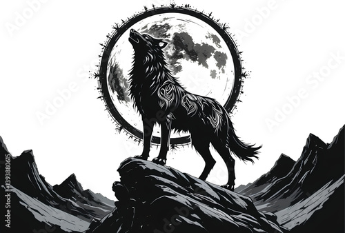 wolf standing on a high rock black vector isolated on white background V2