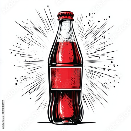 A vibrant, retro-style image of a red soda bottle with a burst effect in the background, emphasizing refreshment and energy.