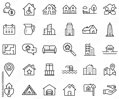 Real Estate and Property Line Icons Set Design