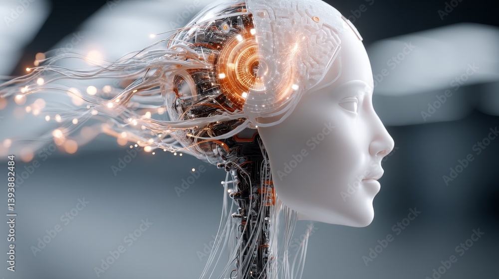 Human brain connected with AI data in futuristic research room, cinematic style with glowing screens and floating holograms, representing advanced AI and neuroscience technology and innovation.