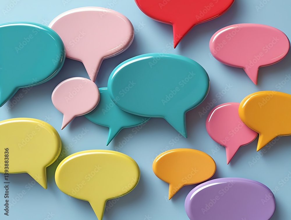Vibrant collection of multicolored speech bubble icons on flat surface, representing chat, messaging, communication tools, and conversation concepts in digital design
Vibrant collection of multicolored speech bubble icons on flat surface, representing chat, messaging, communication tools, and conversation concepts in digital design