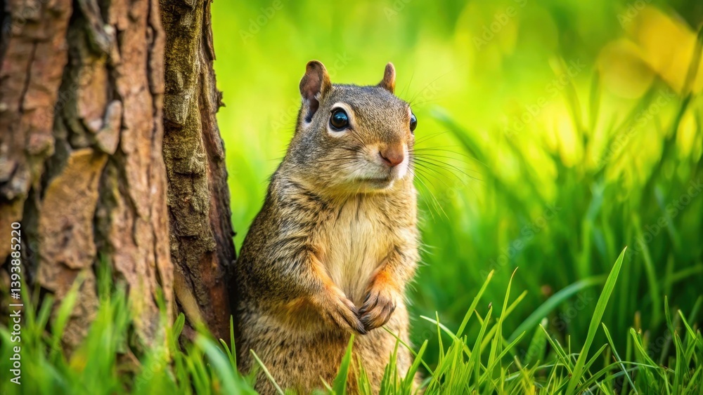 A curious ground squirrel, perched near a tree trunk, amidst vibrant green grass, attentively observing its surroundings. A curious ground squirrel, perched near a tree trunk, amidst vibrant green grass, attentively observing its surroundings.