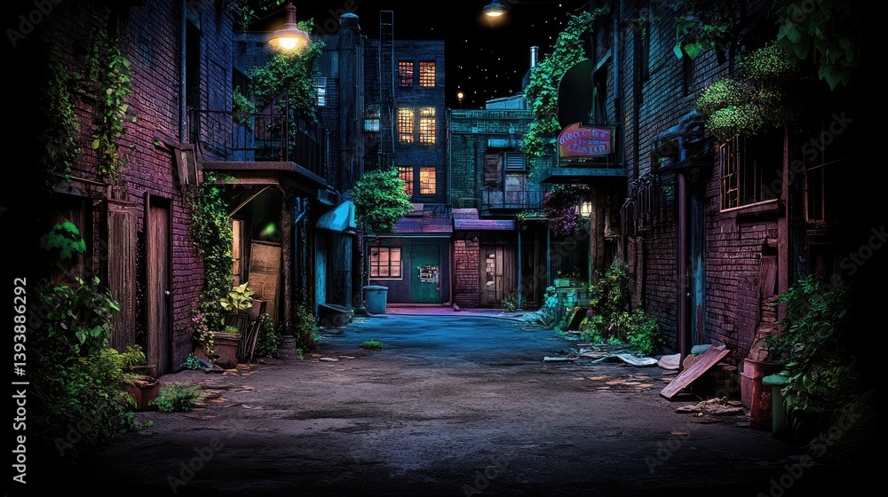 Fototapeta premium Urban alleyway at night. Lush greenery and dimly lit buildings line a narrow passage