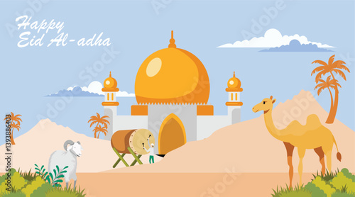Happy Eid alAdha Celebration with Mosque Camel and Ram