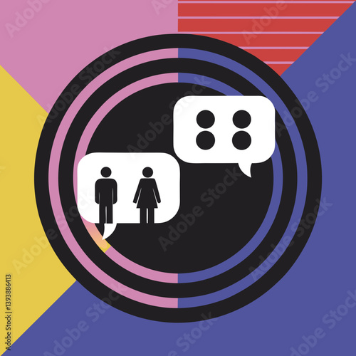A bold graphic depicting inclusive dialogue and connection between men and women, set against a vibrant geometric backdrop with concentric circles.