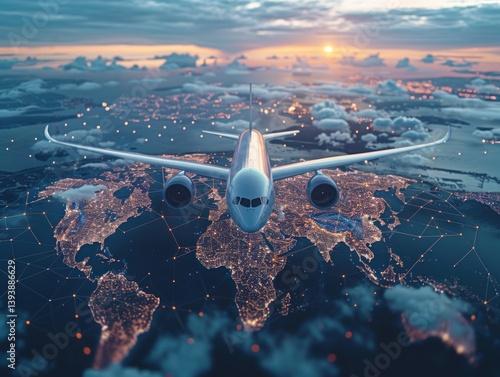 Airplane Flying Over World Map