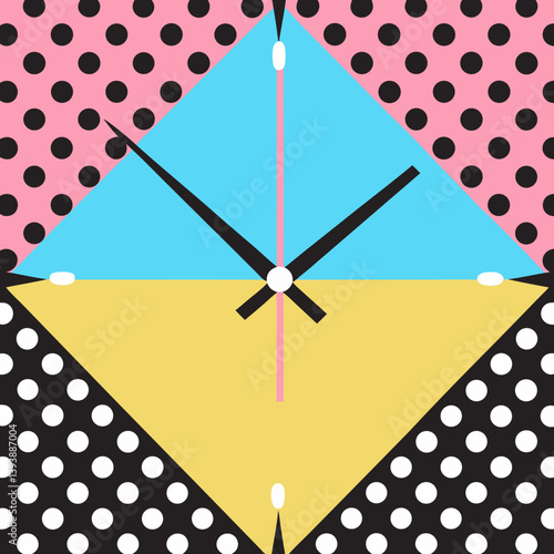 A vibrant clock face designed in a retro 80s style, featuring bold geometric shapes and a playful polka dot pattern in pastel pink, black and white, and a bright yellow and blue background.