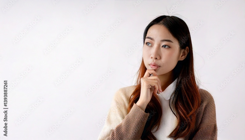 あごに手をやり考え事をしている若い女性 あごに手をやり考え事をしている若い女性