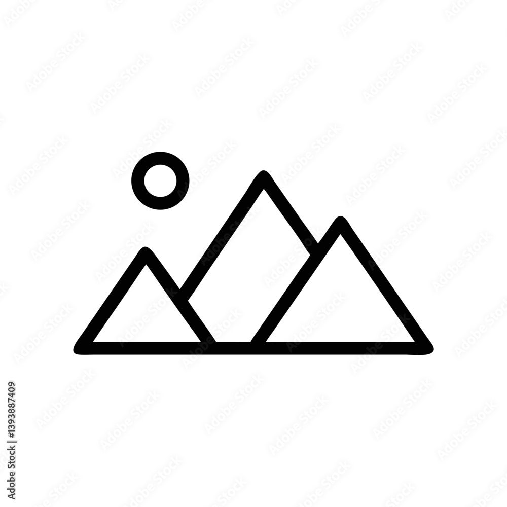 Serene mountain landscape at sunset, minimalist line art style with bold black outlines. Serene mountain landscape at sunset, minimalist line art style with bold black outlines.
