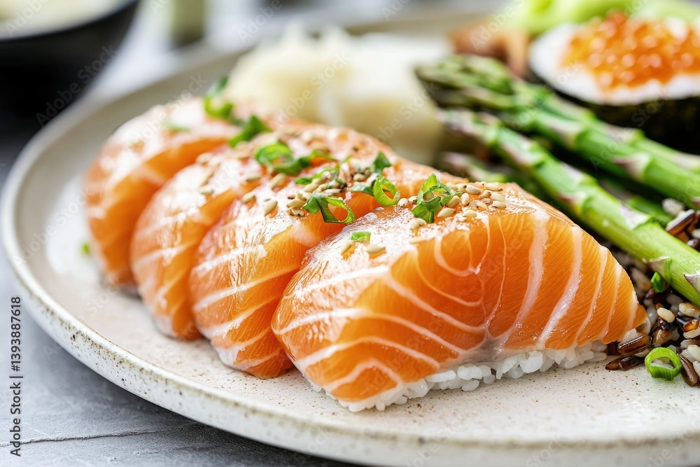 Delicious salmon nigiri sushi garnished with sesame seeds and green onions, served with asparagus and rice. Delicious salmon nigiri sushi garnished with sesame seeds and green onions, served with asparagus and rice.