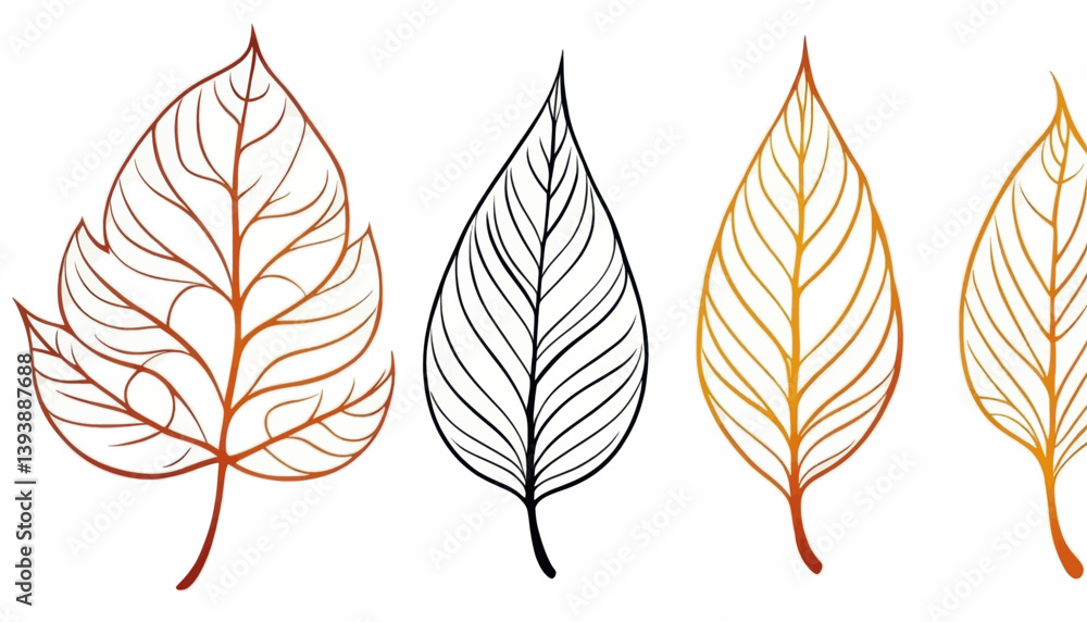 Obraz premium Elegant Autumn Leaves Design Set Botanical Illustration featuring Orange Black and Gold Leaf Line Art for Fall Decor