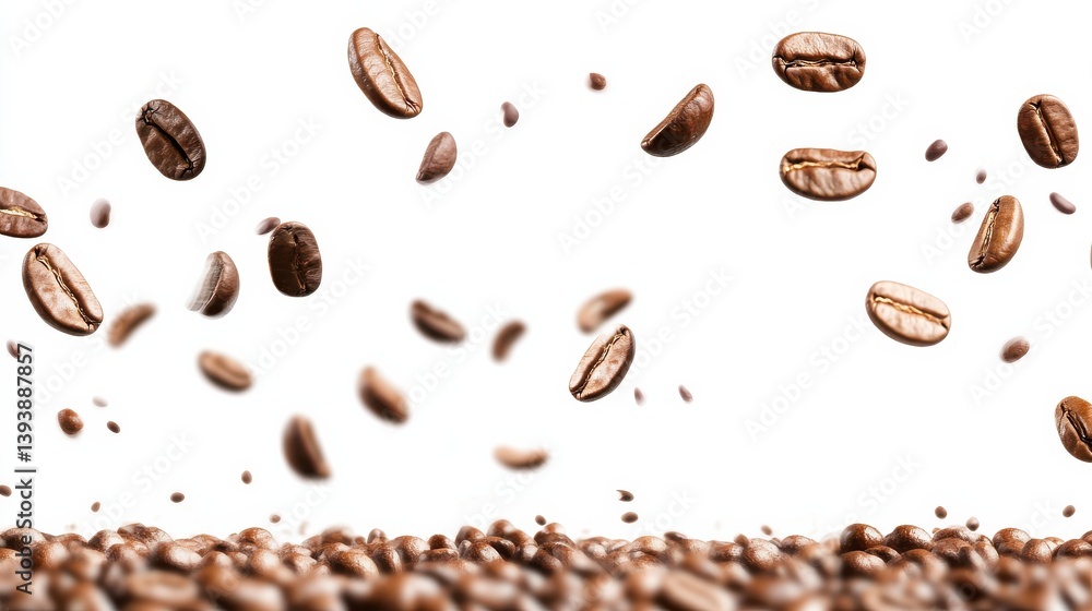 Flying Coffee Beans Above a Surface with Brown Coffee Grains Isolated on White Background Flying Coffee Beans Above a Surface with Brown Coffee Grains Isolated on White Background