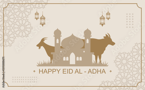 Happy Eid alAdha Celebration with Mosque Goat and Cow
