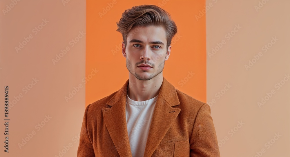 Fototapeta premium Caucasian 20s man on orange plain bright background modern chic fashion pose model portrait portrait banner with copy space ad concept marketing