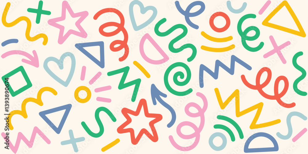 Modern basic shapes set: star, arrow, triangle, circle, heart, zigzag, spiral, wavy lines. Trendy Memphis geometric pattern. Cool abstract background in retro 80s, 90s style. Cute kid doodle. eps file Modern basic shapes set: star, arrow, triangle, circle, heart, zigzag, spiral, wavy lines. Trendy Memphis geometric pattern. Cool abstract background in retro 80s, 90s style. Cute kid doodle. eps file