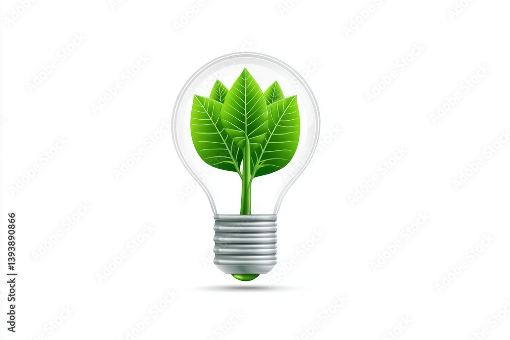 A flat 2D icon of a glowing light bulb with leaf inside representing green energy A flat 2D icon of a glowing light bulb with leaf inside representing green energy