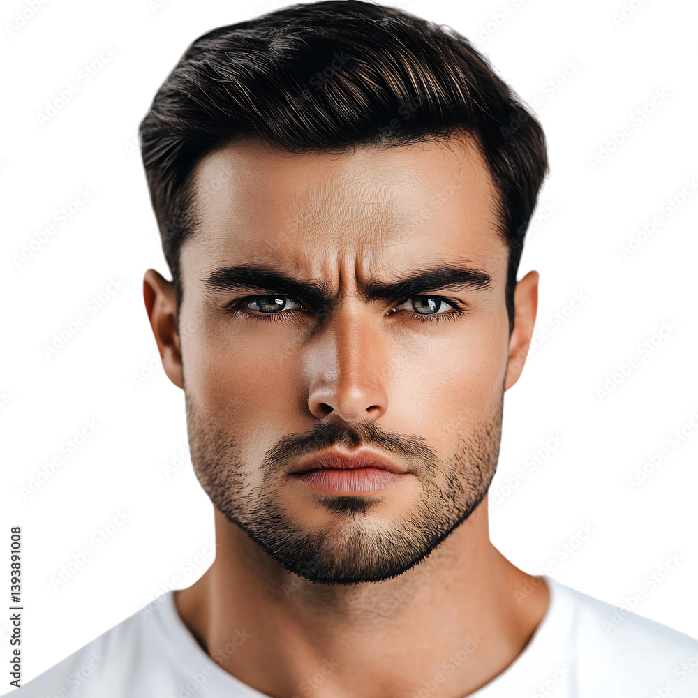 Obraz premium A Man with a Serious Expression and Narrowing Eyes Isolated on Transparent Background