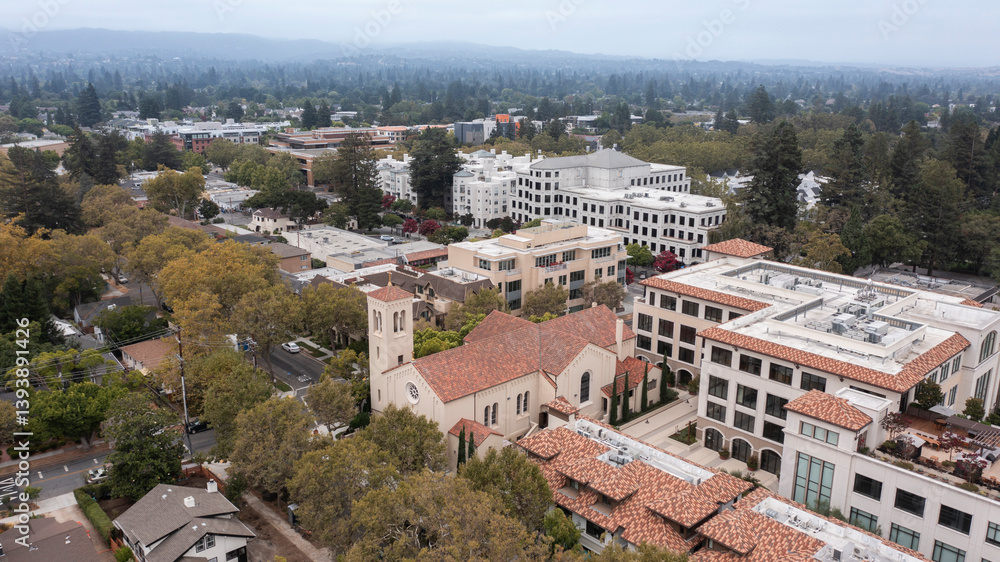 Mountain View, California, USA - August 30, 2024: Buildings stand in the heart of the historic downtown district.