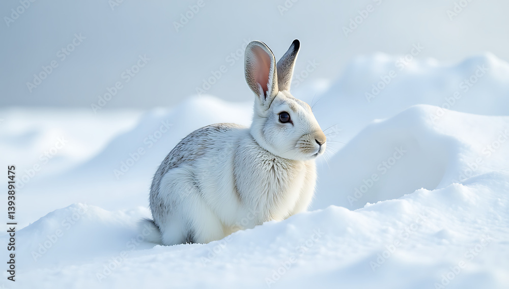 White Rabbit with Gray Markings in Snowy Landscape, Ears Perked
White Rabbit with Gray Markings in Snowy Landscape, Ears Perked