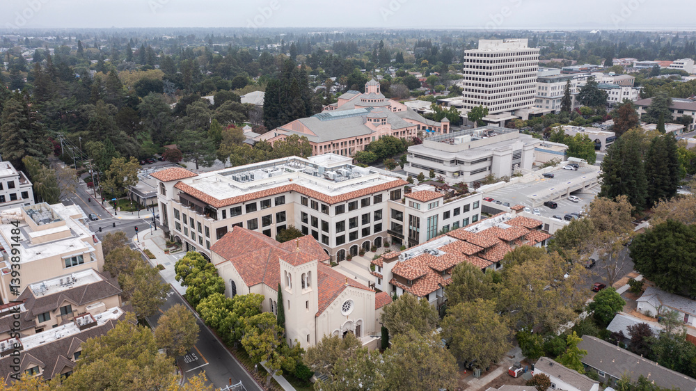 Mountain View, California, USA - August 30, 2024: Buildings stand in the heart of the historic downtown district.