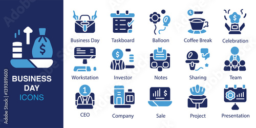 Business Day icon set. Containing business day, taskboard, balloon, coffee break, celebration, workstation, investor, notes, and more. Solid vector icons collection. Vector illustration.