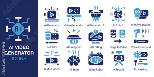 AI Video Generator icon set. Containing AI generator, video generator, AI chip, infinity creation, roll film, AI hologram, AI editing, and more. Solid vector icons collection. Vector illustration.