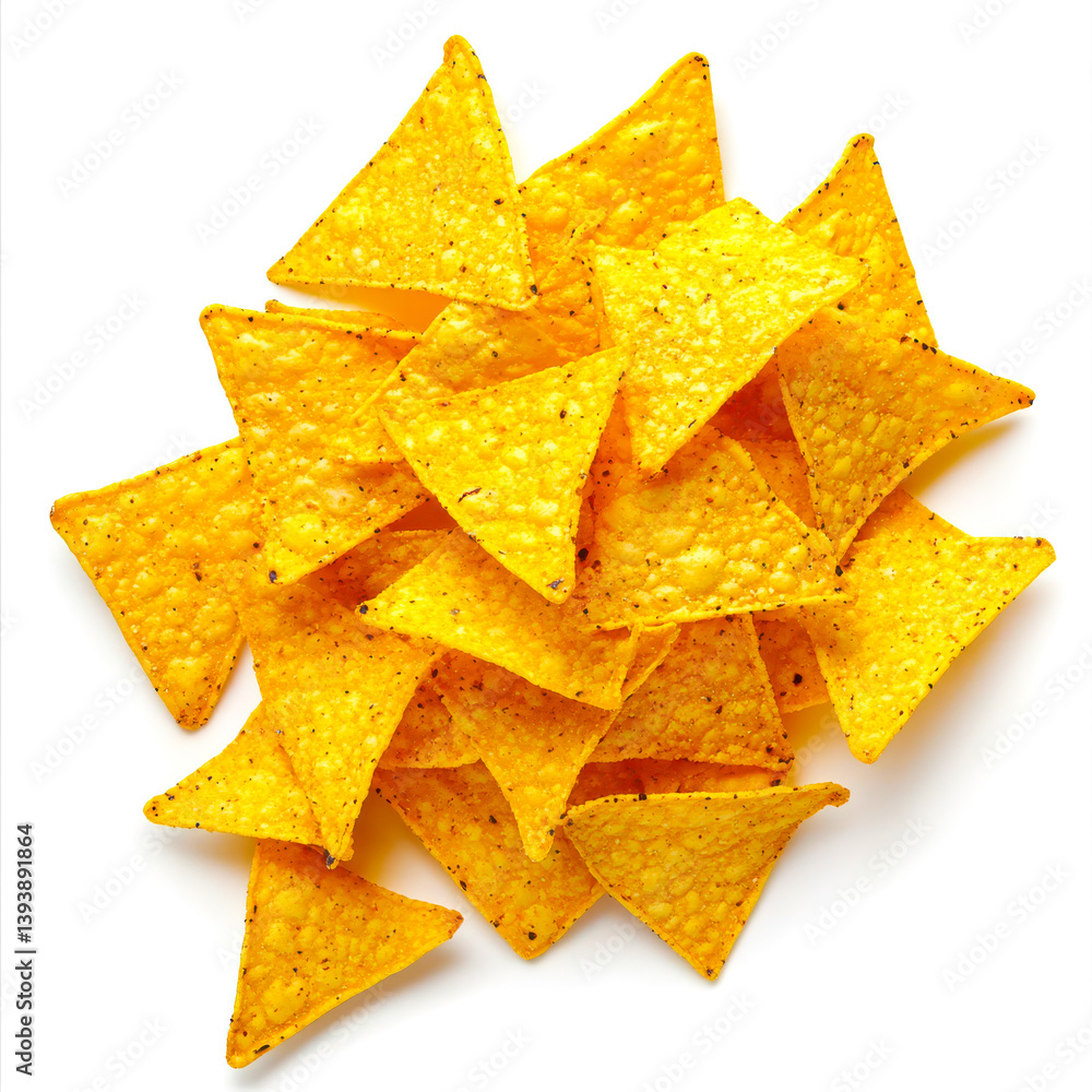 A pile of crispy yellow tortilla chips scattered isolated on white background A pile of crispy yellow tortilla chips scattered isolated on white background