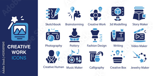 Creative Work icon set. Containing sketchbook, brainstorming, creative work, 3D modelling, story maker, photography, pottery, and more. Solid vector icons collection. Vector illustration.