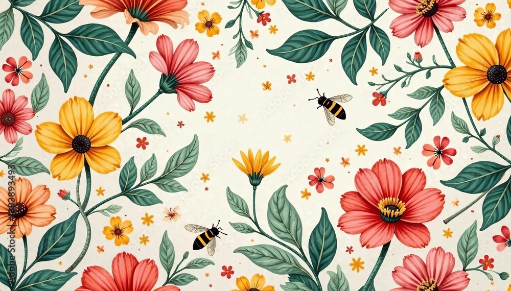 Colorful seamless pattern of delicate flowers and buzzing bees, nature, floral, insects Colorful seamless pattern of delicate flowers and buzzing bees, nature, floral, insects
