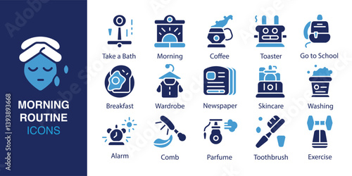 Morning Routine icon set. Containing take a bath, morning, coffee, toaster, go to school, breakfast, wardrobe, and more. Solid vector icons collection. Vector illustration.