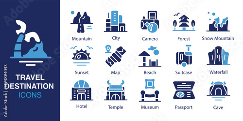 Travel Destination icon set. Containing mountain, city, camera, forest, snow mountain, sunset, map, beach, and more. Solid vector icons collection. Vector illustration.