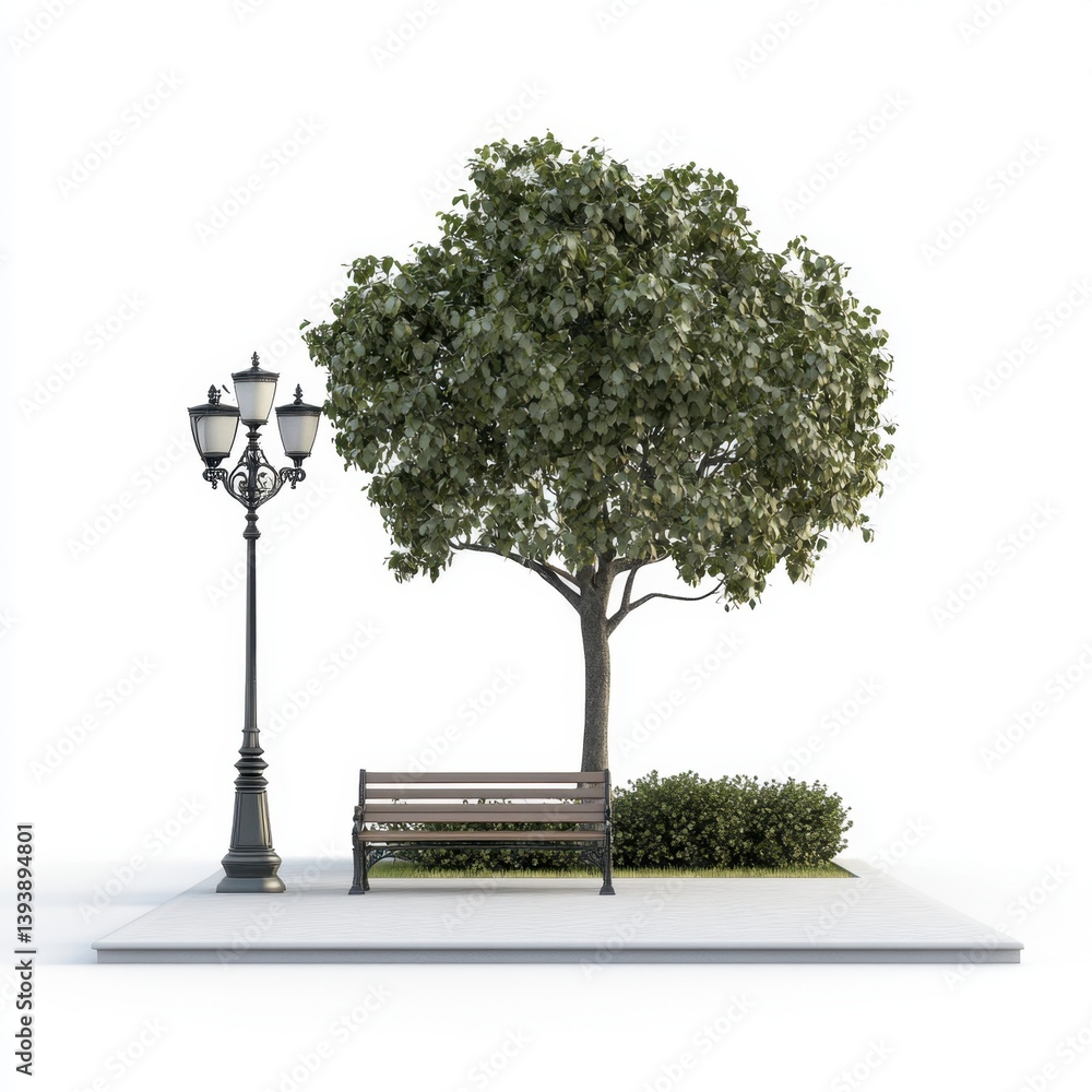 Fototapeta premium A bench is placed in front of a tree and a street lamp