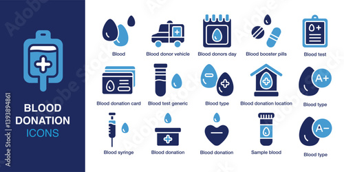 Blood Donation icon set. Containing Blood, Blood donor vehicle, Blood donors day, Blood booster pills, Blood test. Solid vector icons collection. Vector illustration.